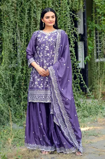 PURPLE HEAVY CHINON EMBROIDERY PARTY WEAR SUIT 