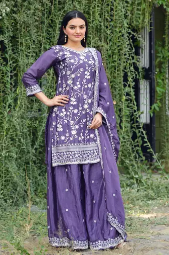 PURPLE HEAVY CHINON EMBROIDERY PARTY WEAR SUIT 