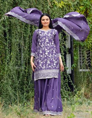 PURPLE HEAVY CHINON EMBROIDERY PARTY WEAR SUIT  4