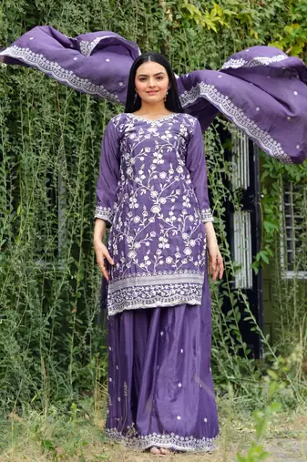 PURPLE HEAVY CHINON EMBROIDERY PARTY WEAR SUIT 