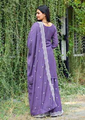 PURPLE HEAVY CHINON EMBROIDERY PARTY WEAR SUIT  5
