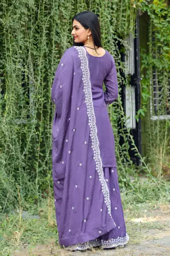 PURPLE HEAVY CHINON EMBROIDERY PARTY WEAR SUIT 