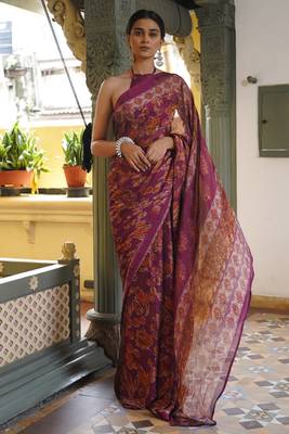 Dusty lavender chiffon floral leaf bagh printed saree with unstitched blouse piece 1