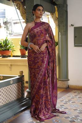 Dusty lavender chiffon floral leaf bagh printed saree with unstitched blouse piece 2