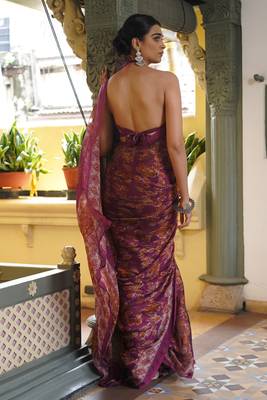 Dusty lavender chiffon floral leaf bagh printed saree with unstitched blouse piece 4