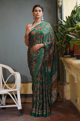 Bottle green chiffon floral leaf bagh printed saree with unstitched blouse piece 1