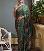Bottle green chiffon floral leaf bagh printed saree with unstitched blouse piece