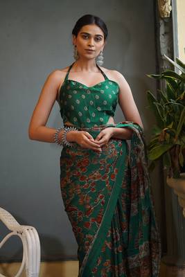 Bottle green chiffon floral leaf bagh printed saree with unstitched blouse piece 4