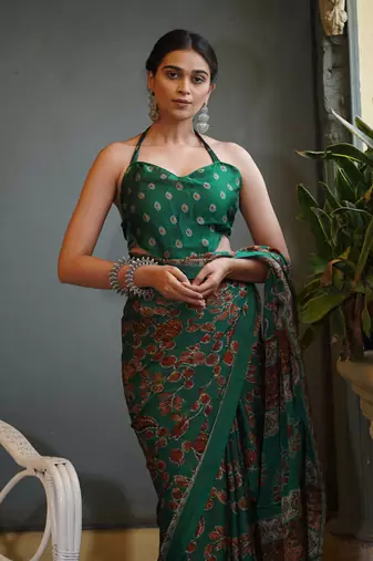 Bottle green chiffon floral leaf bagh printed saree with unstitched blouse piece