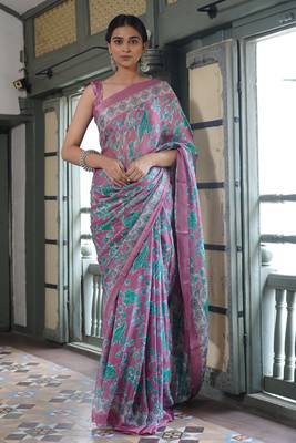 Dusty lavender chiffon floral leaf bagh printed saree with unstitched blouse piece 1
