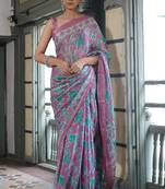 Dusty lavender chiffon floral leaf bagh printed saree with unstitched blouse piece