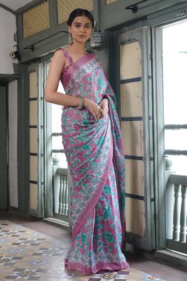 Dusty lavender chiffon floral leaf bagh printed saree with unstitched blouse piece 3