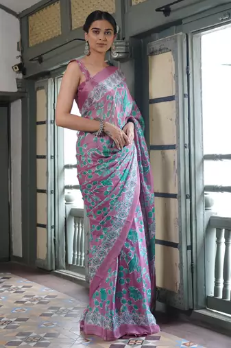Dusty lavender chiffon floral leaf bagh printed saree with unstitched blouse piece