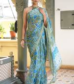 Dusty green chiffon floral leaf bagh printed saree with unstitched blouse piece