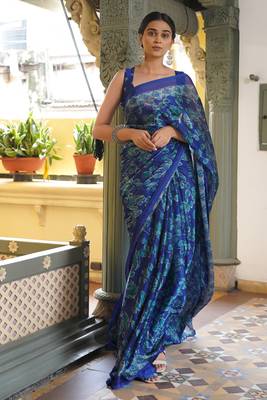 Royal blue chiffon floral leaf print bagh saree with unstitched blouse piece 1