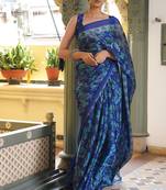 Royal blue chiffon floral leaf print bagh saree with unstitched blouse piece