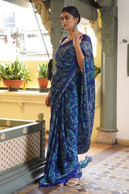 Royal blue chiffon floral leaf print bagh saree with unstitched blouse piece 3
