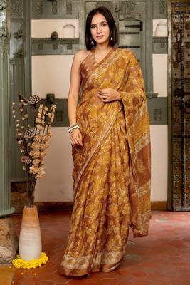 Light brown chiffon floral leaf print bagh saree with unstitched blouse piece 1