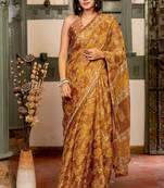 Light brown chiffon floral leaf print bagh saree with unstitched blouse piece