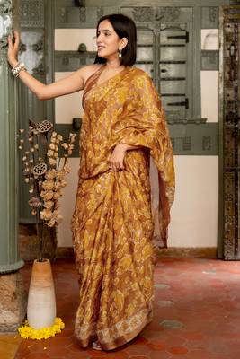 Light brown chiffon floral leaf print bagh saree with unstitched blouse piece 3