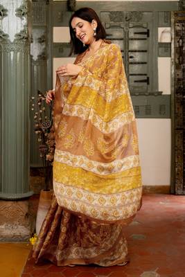 Light brown chiffon floral leaf print bagh saree with unstitched blouse piece 4