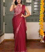 Crimson red chiffon solid abstract print saree with unstitched blouse piece