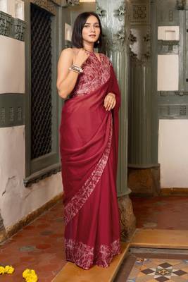 Crimson red chiffon solid abstract print saree with unstitched blouse piece 3