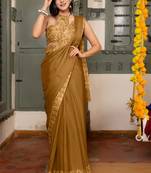 Dark mustard chiffon solid abstract print saree with unstitched blouse piece