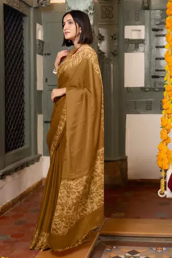 Dark mehandi chiffon floral printed saree with unstitched blouse piece