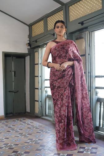 Wine chiffon floral printed saree with unstitched blouse piece