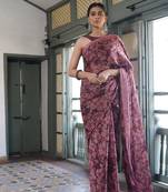 Wine chiffon floral printed saree with unstitched blouse piece