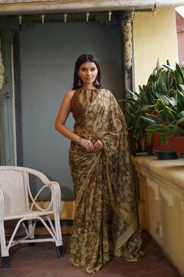 Dark mehandi chiffon floral printed saree with unstitched blouse piece 1