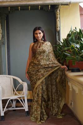 Dark mehandi chiffon floral printed saree with unstitched blouse piece 2