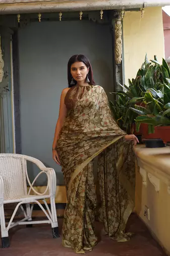 Dark mehandi chiffon floral printed saree with unstitched blouse piece