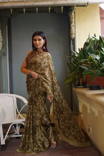Dark mehandi chiffon floral printed saree with unstitched blouse piece