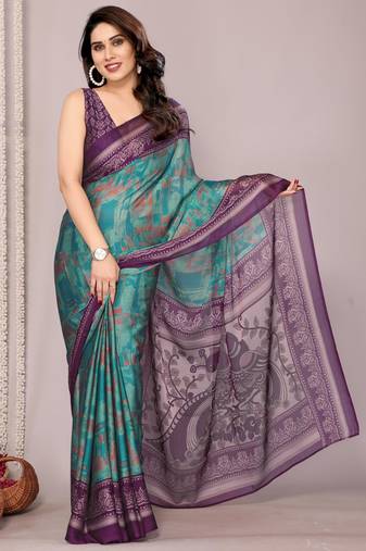 Turquoise blue chiffon abstract print saree with unstitched blouse piece