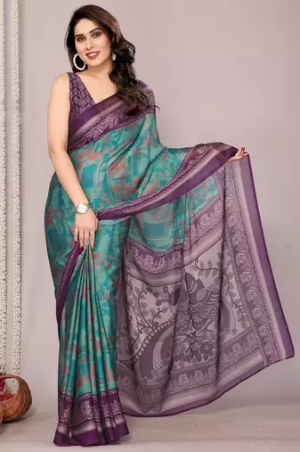Turquoise blue chiffon abstract print saree with unstitched blouse piece