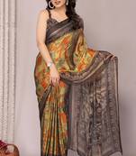 Dark mustard chiffon abstract print saree with unstitched blouse piece