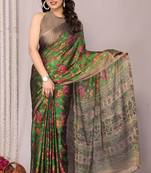 Green chiffon floral printed saree with unstitched blouse piece