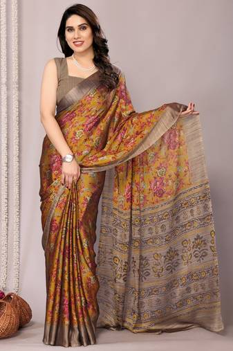 Dusty mustard chiffon floral printed saree with unstitched blouse piece