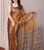 Dusty mustard chiffon floral printed saree with unstitched blouse piece
