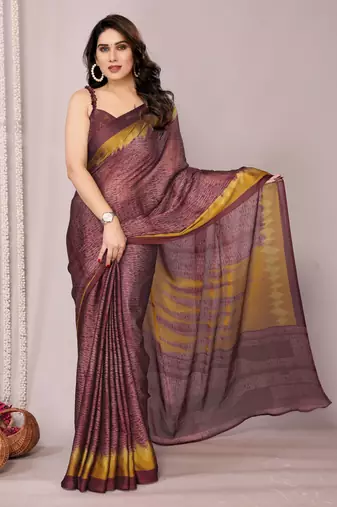 Dusty wine chiffon abstract printed saree with unstitched blouse piece