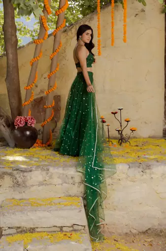 Green  Embroidered Net lehenga choli