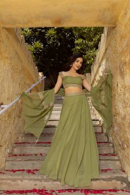 Olive Green Georgette Plain Lehenga 1