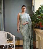 Dusty green chiffon geometric print saree with unstitched blouse piece