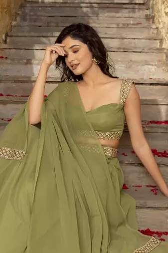 Olive Green Georgette Plain Lehenga