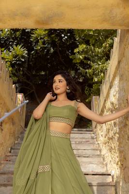 Olive Green Georgette Plain Lehenga 4