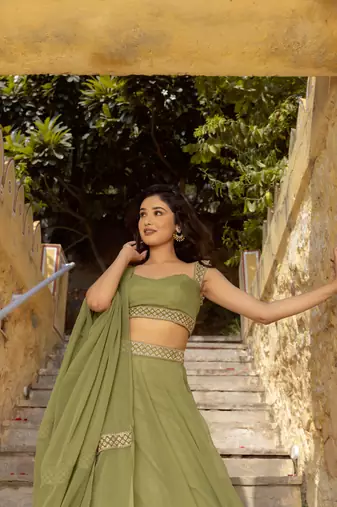 Olive Green Georgette Plain Lehenga