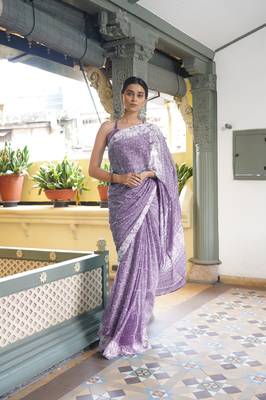 Dusty purple chiffon floral block print saree with unstitched blouse piece 1