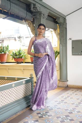 Dusty purple chiffon floral block print saree with unstitched blouse piece